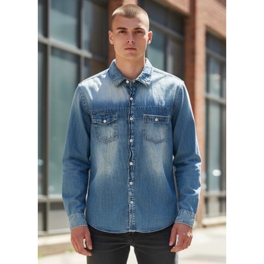 Express‎ Men Chambray Denim Shirt Long Sleeve Button Up Distressed Streetwear